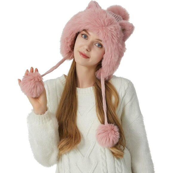 Women Pink Solid Winter Peruvian Cover Ears Beanie Hat Ear Flaps Sherpa Ski Snow main image 4